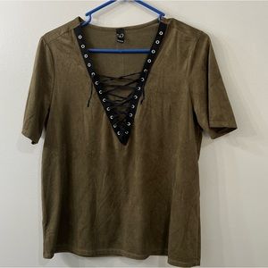 Green Suede Lace up Top